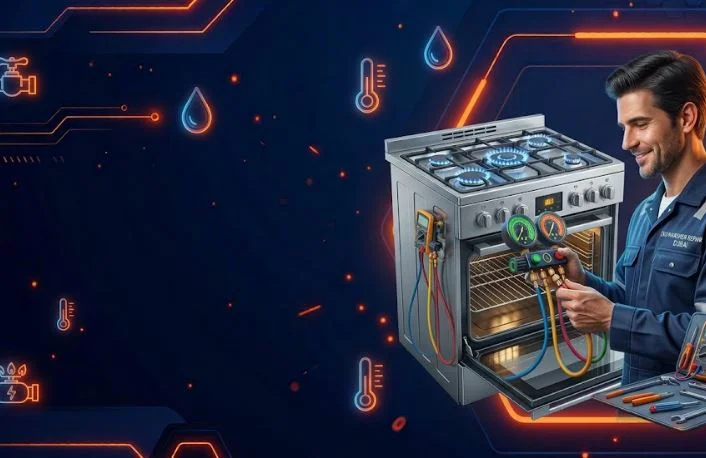 Certified GTG technician repairing gas cooking range and oven in Dubai