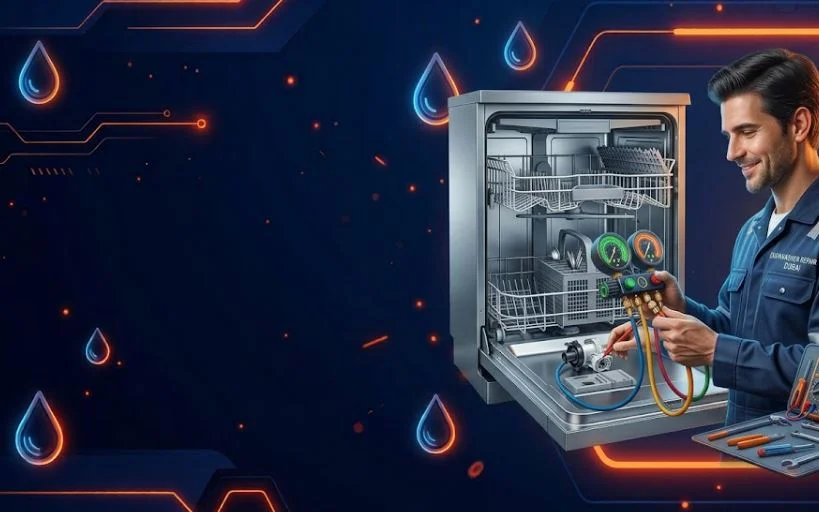 Certified GTG technician repairing built-in stainless steel dishwasher in Dubai