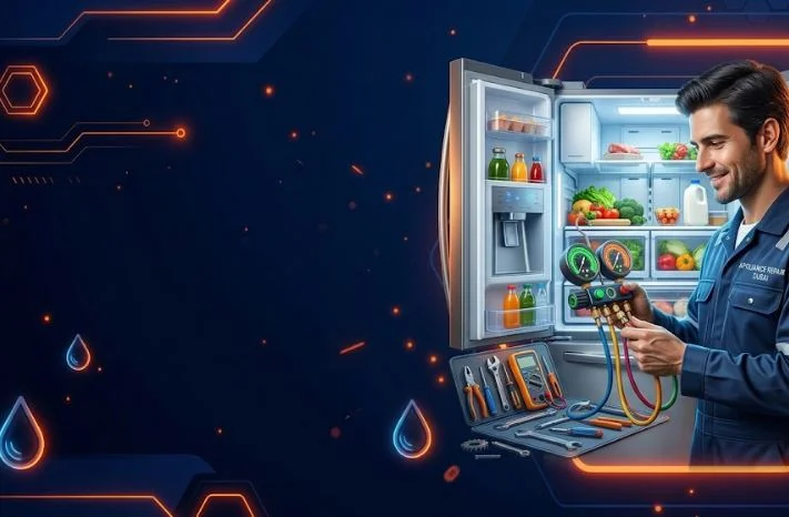 Certified GTG technician repairing luxury French door refrigerator in Dubai